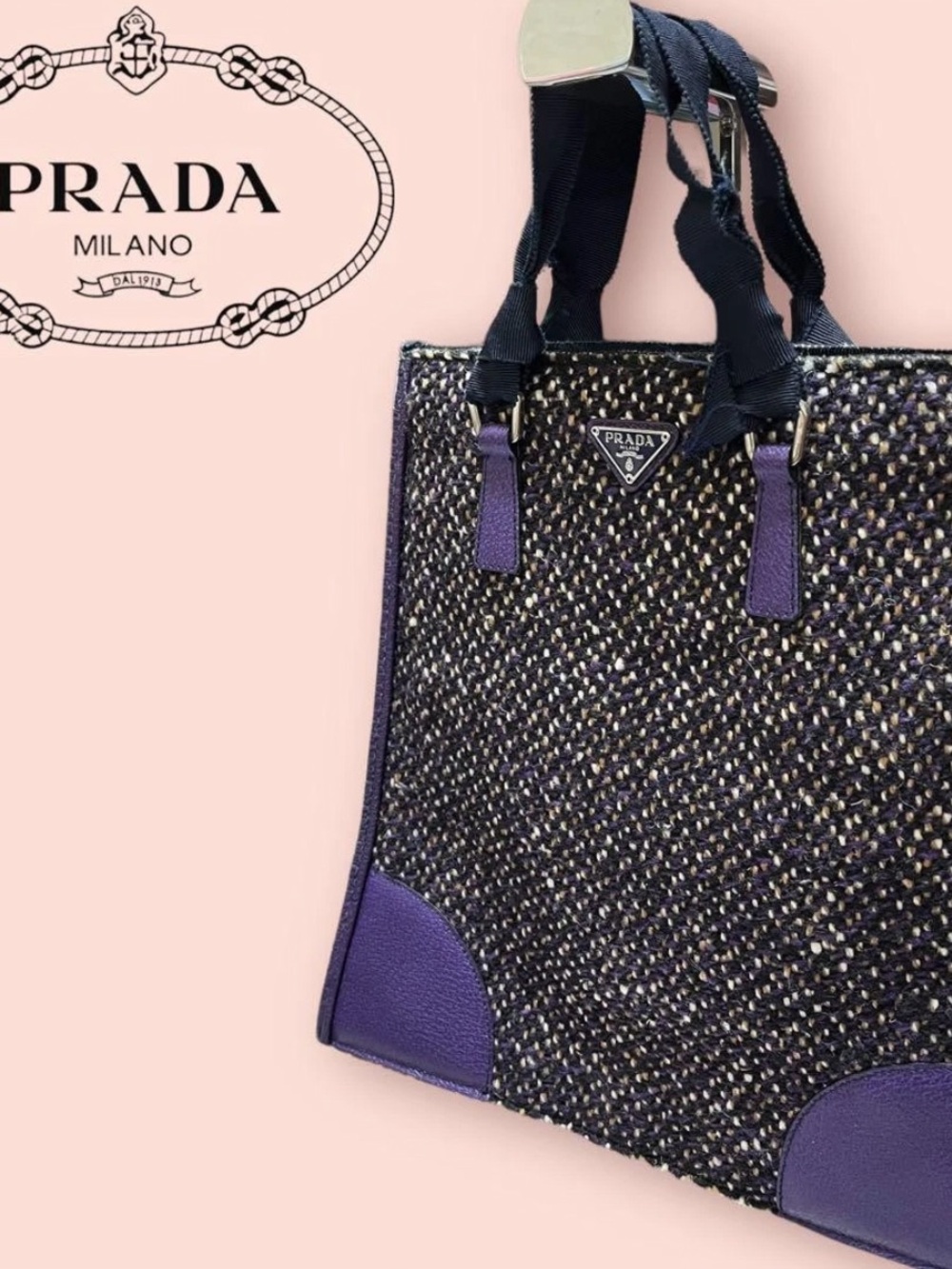 Prada Purple Tweed and Leather Trim Tote